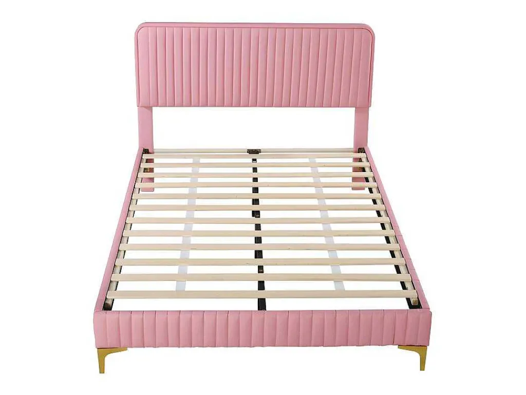 Tweepersoonsbed Gestoffeerd In Kunstleer 140X200Cm - In Hoogte Verstelbaar Hoofdbord - Met Lattenbodem - Roze (Zonder Matras)-ModernLuxe Best