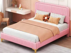 Tweepersoonsbed Gestoffeerd In Kunstleer 140X200Cm - In Hoogte Verstelbaar Hoofdbord - Met Lattenbodem - Roze (Zonder Matras)-ModernLuxe Best