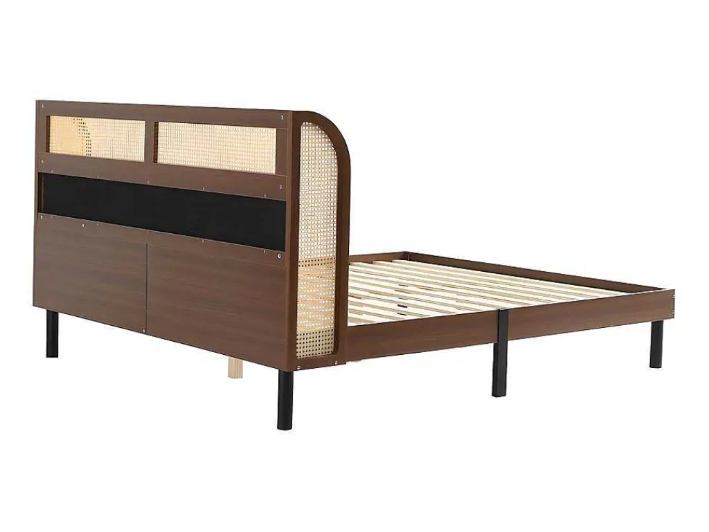 Tweepersoonsbed 160X200Cm - Met Kunstleer En Pvc Rotan Kussens - Met Houten Lattenbodem - Bruin-ModernLuxe Best