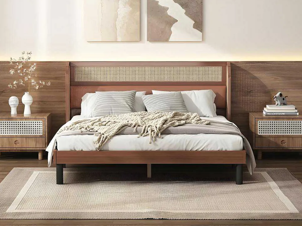 Tweepersoonsbed 160X200Cm - Met Kunstleer En Pvc Rotan Kussens - Met Houten Lattenbodem - Bruin-ModernLuxe Best