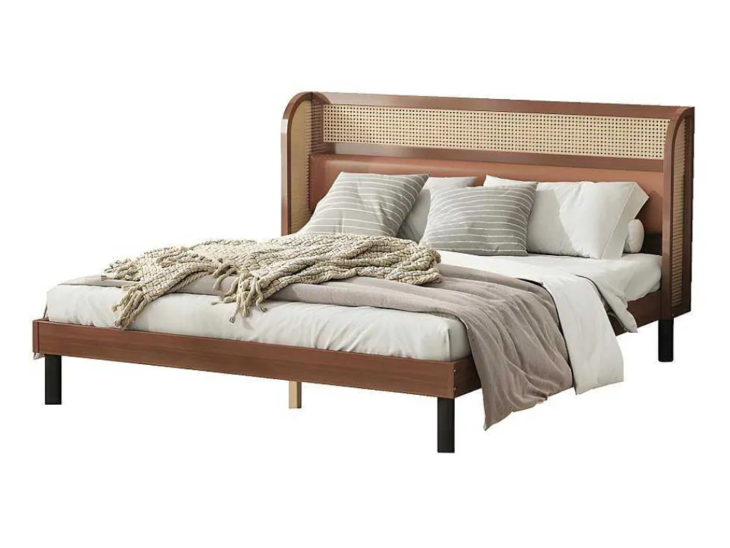 Tweepersoonsbed 160X200Cm - Met Kunstleer En Pvc Rotan Kussens - Met Houten Lattenbodem - Bruin-ModernLuxe Best