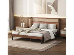 Tweepersoonsbed 160X200Cm - Met Kunstleer En Pvc Rotan Kussens - Met Houten Lattenbodem - Bruin-ModernLuxe Best