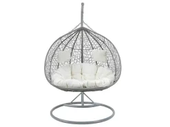 Tweezits Hangstoel Cayambe Van Gevlochten Hars - Grijs Met Witte Kussens-MYLIA Clearance