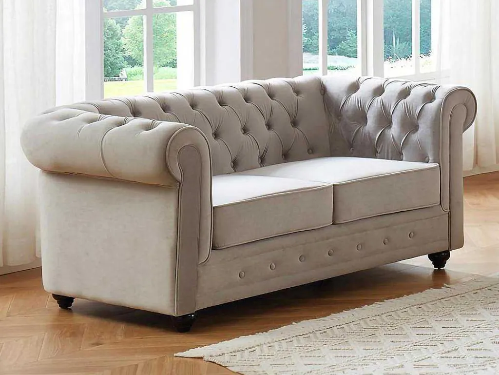 Tweezitsbank Chesterfield - Fluweel - Lichtgrijs-Vente-unique