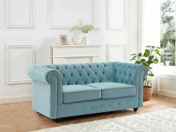 Tweezitsbank Van Pastelblauw Velours Chesterfield-Vente-unique Outlet