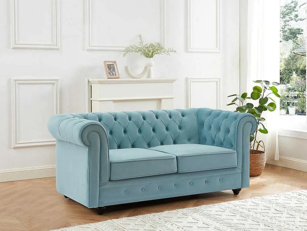 Tweezitsbank Van Pastelblauw Velours Chesterfield-Vente-unique Outlet