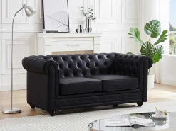 Tweezitsbank Van Zwart Kunstleer Chesterfield-Vente-unique Hot