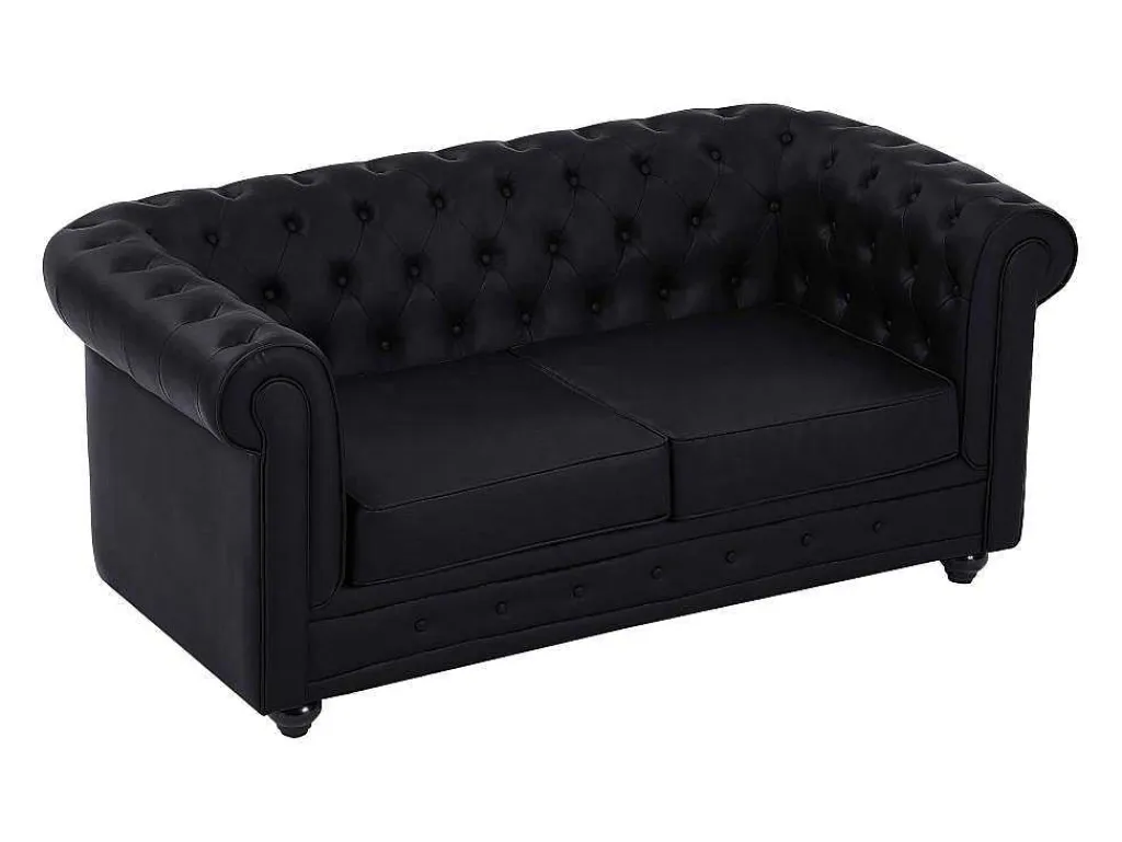 Tweezitsbank Van Zwart Kunstleer Chesterfield-Vente-unique Hot