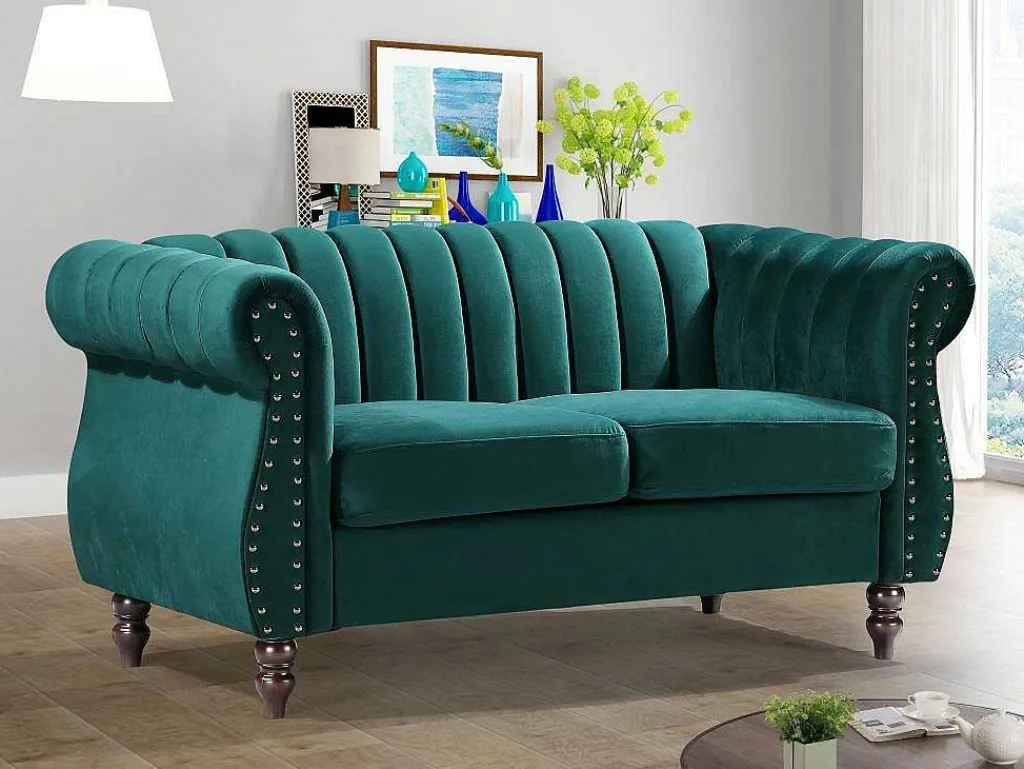 Tweezits-Chesterfield-Bank Van Smaragdgroen Velours Trumbo-Vente-unique Discount