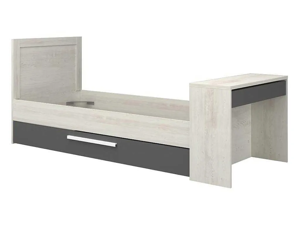 Uitschuifbaar Bed 90 X 200 En 90 X 190 Cm - Met Bureau - Kleur: Naturel En Antraciet + Matras + Bedbodem - Vouani-Vente-unique Best