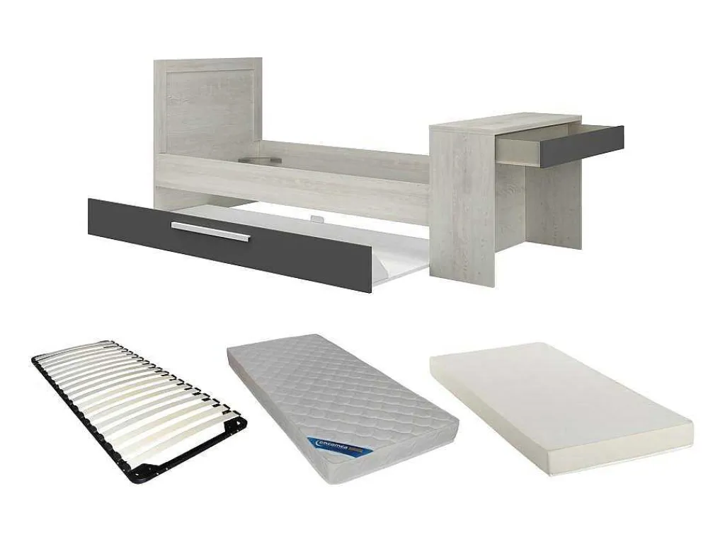 Uitschuifbaar Bed 90 X 200 En 90 X 190 Cm - Met Bureau - Kleur: Naturel En Antraciet + Matras + Bedbodem - Vouani-Vente-unique Best