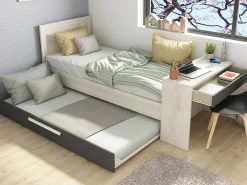 Uitschuifbaar Bed 90 X 200 En 90 X 190 Cm - Met Bureau - Kleur: Naturel En Antraciet + Matras + Bedbodem - Vouani-Vente-unique Best