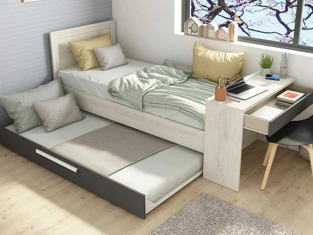 Uitschuifbaar Bed 90 X 200 En 90 X 190 Cm - Met Bureau - Kleur: Naturel En Antraciet + Matras + Bedbodem - Vouani-Vente-unique Best
