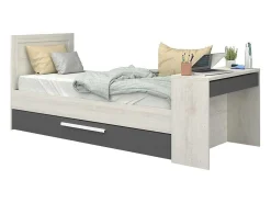 Uitschuifbaar Bed 90 X 200 En 90 X 190 Cm - Met Bureau - Kleur: Naturel En Antraciet + Matras + Bedbodem - Vouani-Vente-unique Best