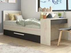 Uitschuifbaar Bed 90 X 200 En 90 X 190 Cm - Met Bureau - Kleur: Naturel En Antraciet + Matras + Bedbodem - Vouani-Vente-unique Best
