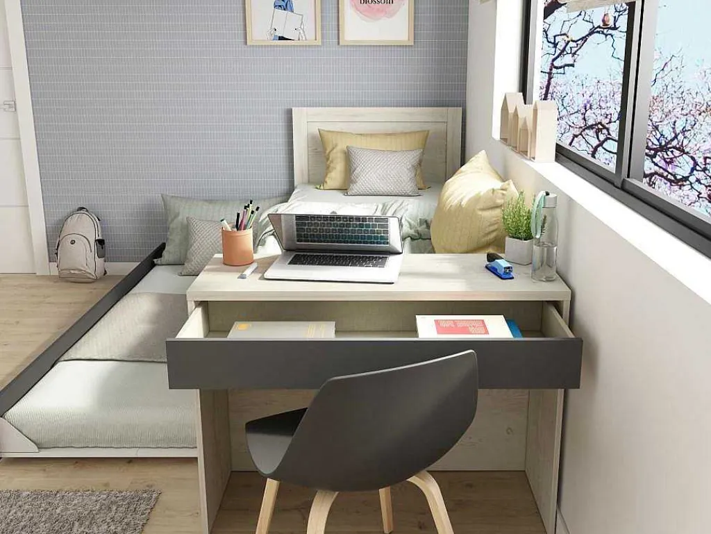 Uitschuifbaar Bed 90 X 200 En 90 X 190 Cm - Met Bureau - Kleur: Naturel En Antraciet + Matras + Bedbodem - Vouani-Vente-unique Best