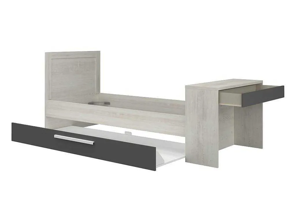 Uitschuifbaar Bed 2 X 90 X 200 Cm - Met Bureau - Kleur: Naturel En Antraciet + Bedbodem - Vouani-Vente-unique Hot