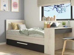 Uitschuifbaar Bed 2 X 90 X 200 Cm - Met Bureau - Kleur: Naturel En Antraciet + Bedbodem - Vouani-Vente-unique Hot