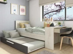 Uitschuifbaar Bed 2 X 90 X 200 Cm - Met Bureau - Kleur: Naturel En Antraciet + Bedbodem - Vouani-Vente-unique Hot