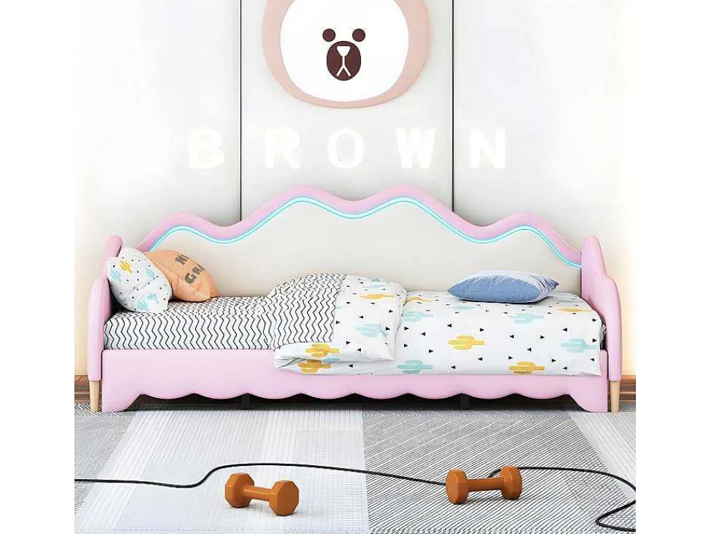 Uitschuifbaar Onderschuifbed 90(180)X190 Cm - In Kunstleer - Met Led-Verlichting En Lattenbodem - Roze-ModernLuxe Online