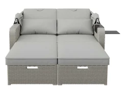 Uitschuifbaar Tuinmeubel - Pe Rotan Loungebank Met Verstelbare Luifel - Stalen Structuur - Taupe-ModernLuxe Discount