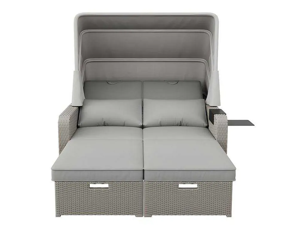 Uitschuifbaar Tuinmeubel - Pe Rotan Loungebank Met Verstelbare Luifel - Stalen Structuur - Taupe-ModernLuxe Discount