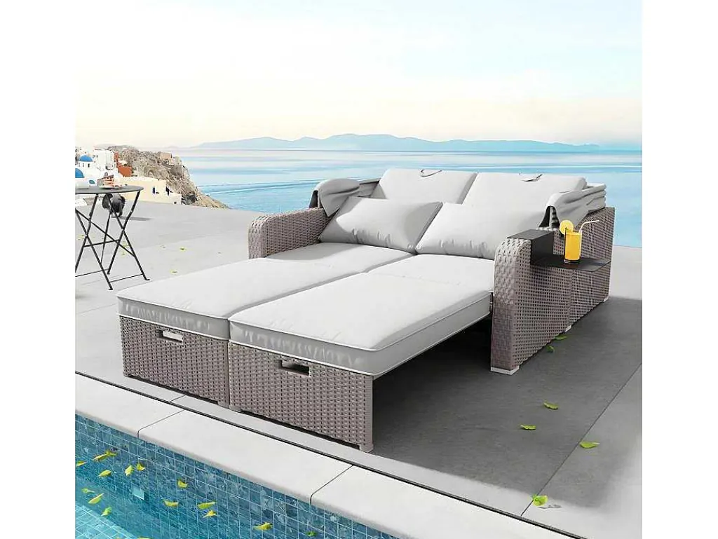 Uitschuifbaar Tuinmeubel - Pe Rotan Loungebank Met Verstelbare Luifel - Stalen Structuur - Taupe-ModernLuxe Discount
