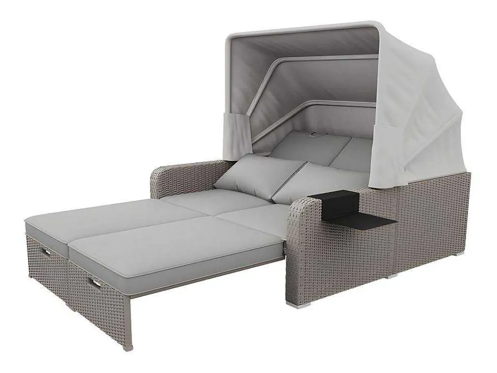 Uitschuifbaar Tuinmeubel - Pe Rotan Loungebank Met Verstelbare Luifel - Stalen Structuur - Taupe-ModernLuxe Discount
