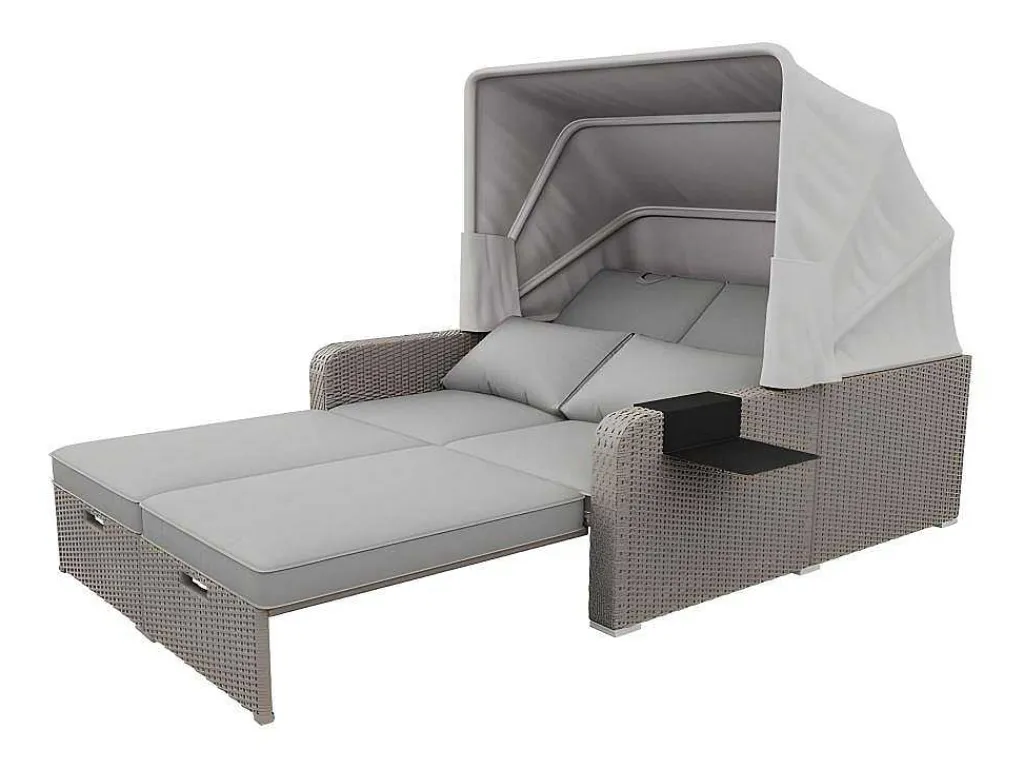 Uitschuifbaar Tuinmeubel - Pe Rotan Loungebank Met Verstelbare Luifel - Stalen Structuur - Taupe-ModernLuxe Discount