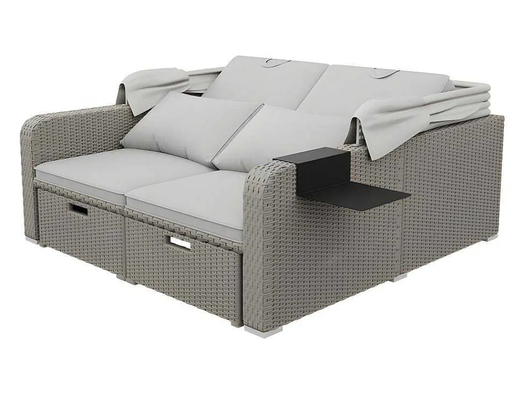 Uitschuifbaar Tuinmeubel - Pe Rotan Loungebank Met Verstelbare Luifel - Stalen Structuur - Taupe-ModernLuxe Discount
