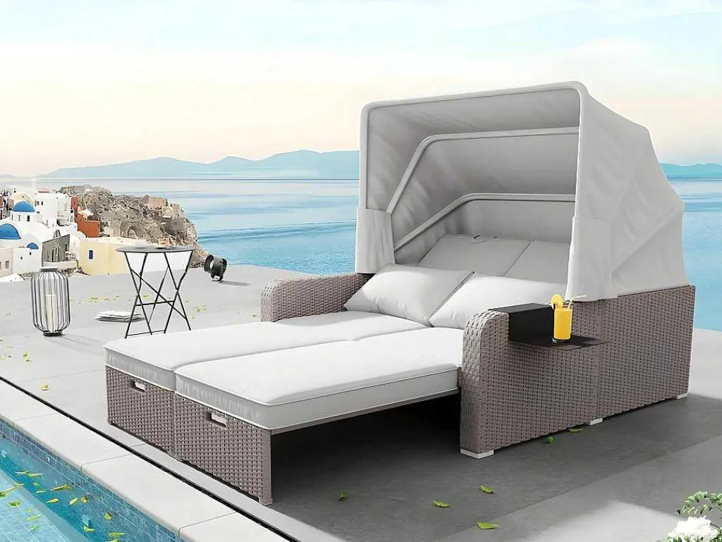 Uitschuifbaar Tuinmeubel - Pe Rotan Loungebank Met Verstelbare Luifel - Stalen Structuur - Taupe-ModernLuxe Discount