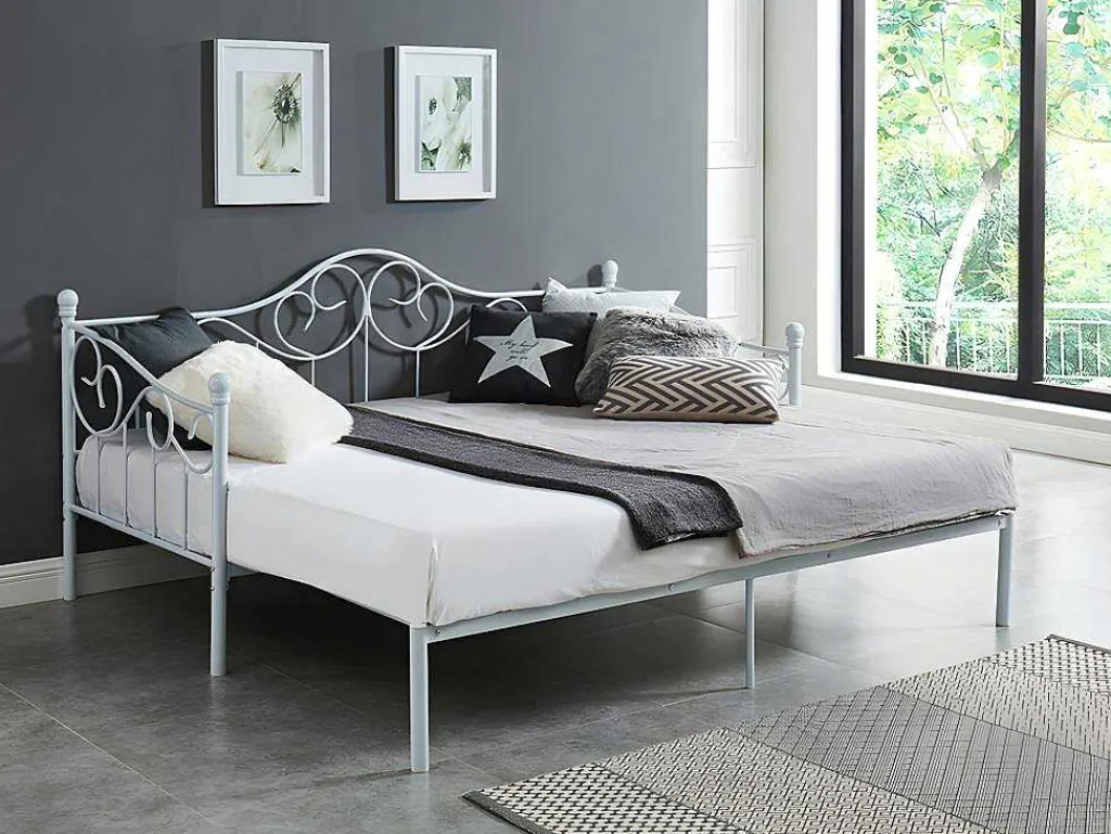 Uitschuifbare Bedbank Sebille - Metaal - 2 X 90 X 200 Cm Of 180 X 200 Cm - Wit - Optie Matras-Vente-unique
