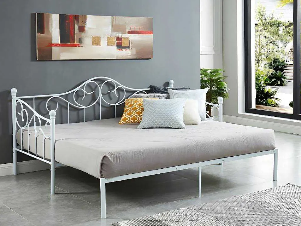 Uitschuifbare Bedbank Sebille - Metaal - 2 X 90 X 200 Cm Of 180 X 200 Cm - Wit - Optie Matras-Vente-unique