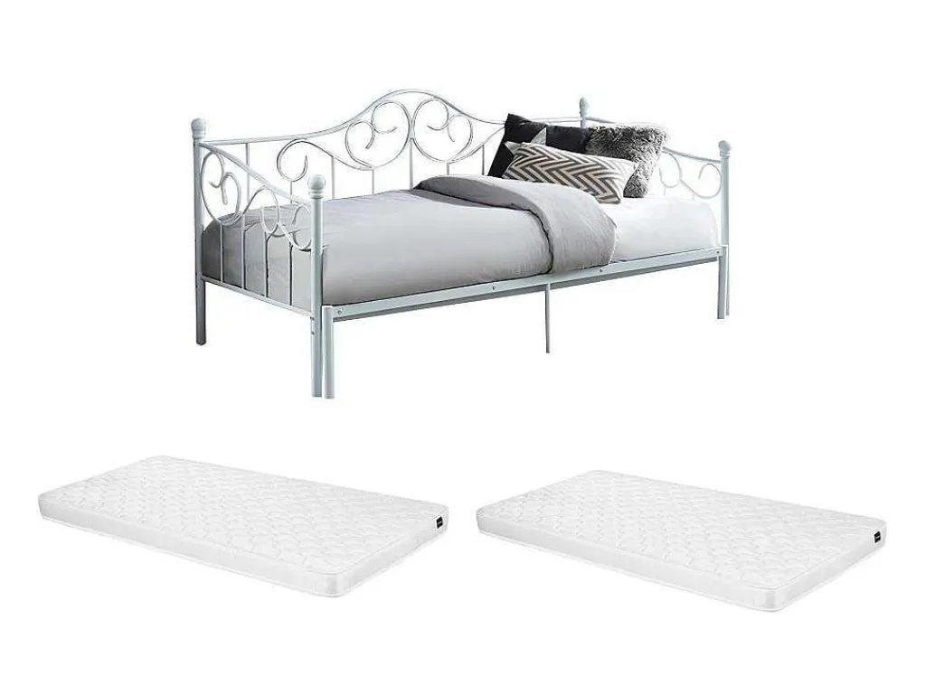 Uitschuifbare Bedbank Sebille - Metaal - 2 X 90 X 200 Cm Of 180 X 200 Cm - Wit - Optie Matras-Vente-unique