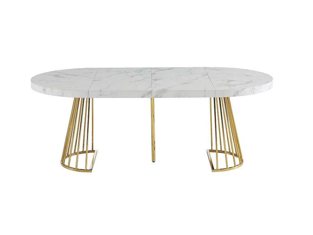 Uitschuifbare Eettafel 2 Tot 12 Plaatsen Van Mdf En Staal - Wit Marmereffect En Goud - Firela-Vente-unique Sale