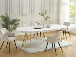 Uitschuifbare Eettafel 2 Tot 12 Plaatsen Van Mdf En Staal - Wit Marmereffect En Goud - Firela-Vente-unique Sale