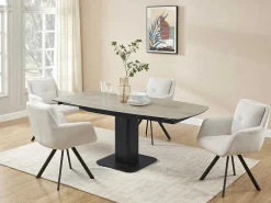 Uitschuifbare Eettafel Voor 4 Tot 8 Personen In Keramiek, Gehard Glas, Metaal En Mdf - Lichte Houtlook En Zwart - Taloza-Maison Céphy Hot