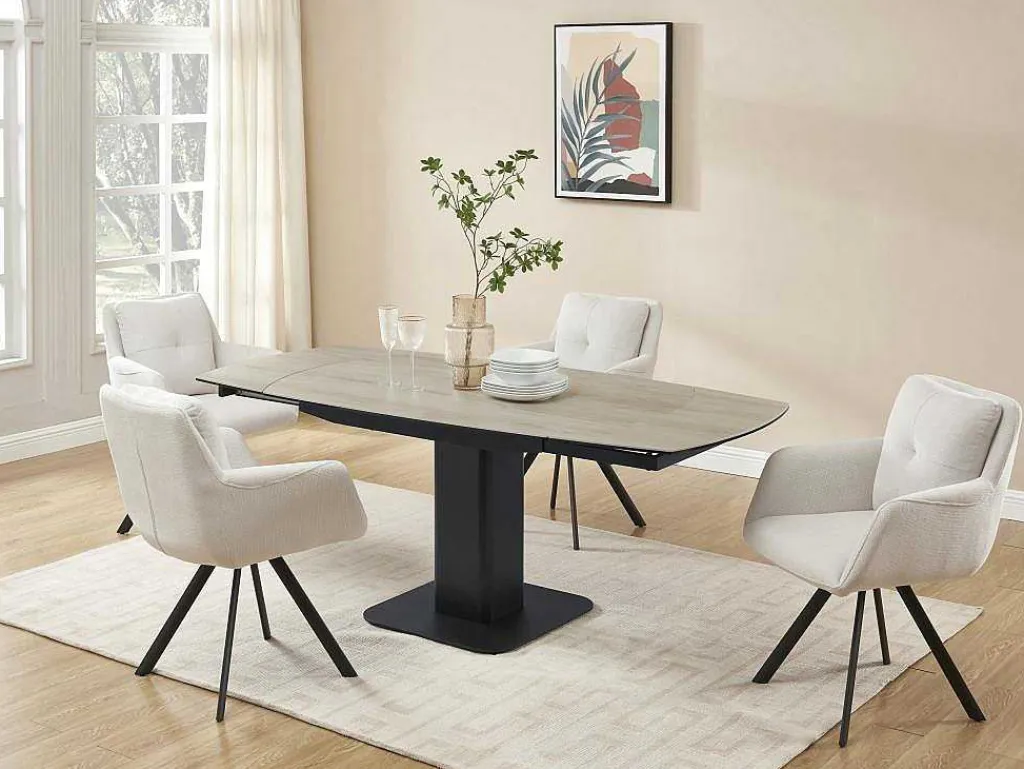 Uitschuifbare Eettafel Voor 4 Tot 8 Personen In Keramiek, Gehard Glas, Metaal En Mdf - Lichte Houtlook En Zwart - Taloza-Maison Céphy Hot