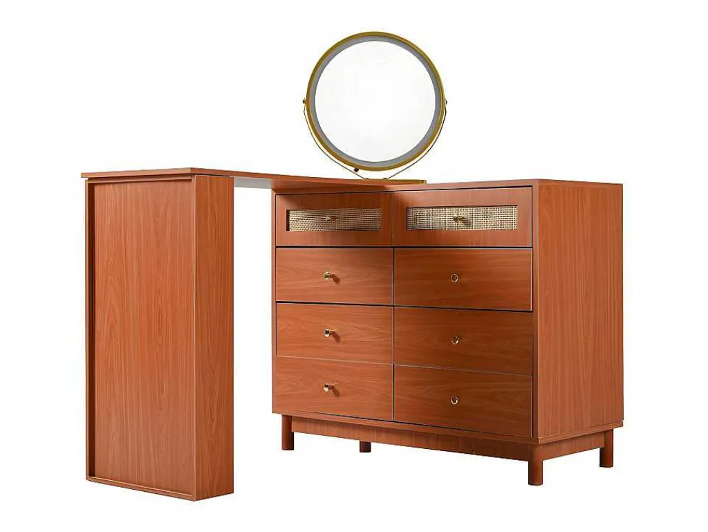 Uitschuifbare Kaptafel - 8 Laden En 1 Spiegel Met Led - Retrostijl - Bruin (Kruk Niet Inbegrepen)-ModernLuxe Hot