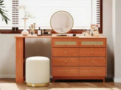 Uitschuifbare Kaptafel - 8 Laden En 1 Spiegel Met Led - Retrostijl - Bruin (Kruk Niet Inbegrepen)-ModernLuxe Hot