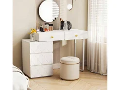 Uitschuifbare Kaptafel Met Golvenpatroon - Met 5 Laden - Gelakte Fronten - Wit (Zonder Spiegel Of Kruk)-ModernLuxe Discount
