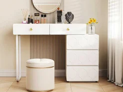 Uitschuifbare Kaptafel Met Golvenpatroon - Met 5 Laden - Gelakte Fronten - Wit (Zonder Spiegel Of Kruk)-ModernLuxe Discount
