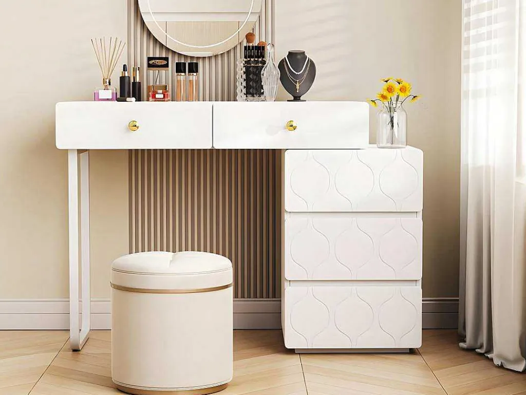 Uitschuifbare Kaptafel Met Golvenpatroon - Met 5 Laden - Gelakte Fronten - Wit (Zonder Spiegel Of Kruk)-ModernLuxe Discount