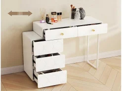 Uitschuifbare Kaptafel Met Golvenpatroon - Met 5 Laden - Gelakte Fronten - Wit (Zonder Spiegel Of Kruk)-ModernLuxe Discount
