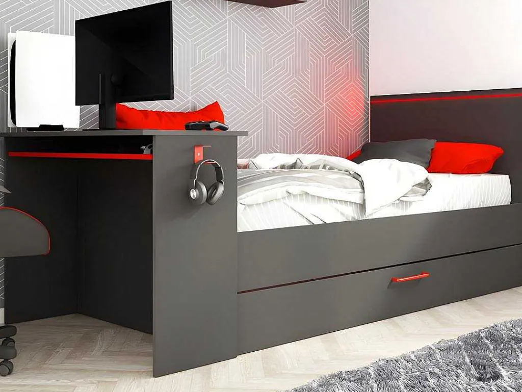 Uitschuifbed 90 X 200 En 90 X 190 Cm - Met Bureau - Ledverlichting - Antraciet En Rood + Matras + Bedbodem - Vouani-Vente-unique Sale