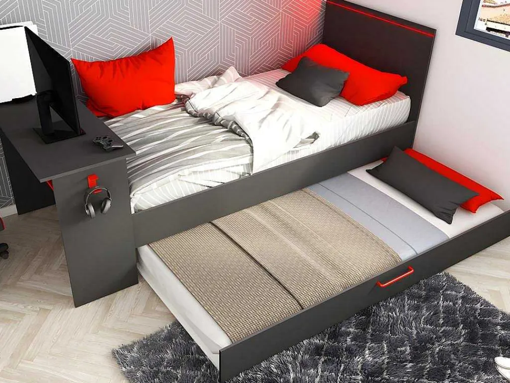 Uitschuifbed 90 X 200 En 90 X 190 Cm - Met Bureau - Ledverlichting - Antraciet En Rood + Matras + Bedbodem - Vouani-Vente-unique Sale