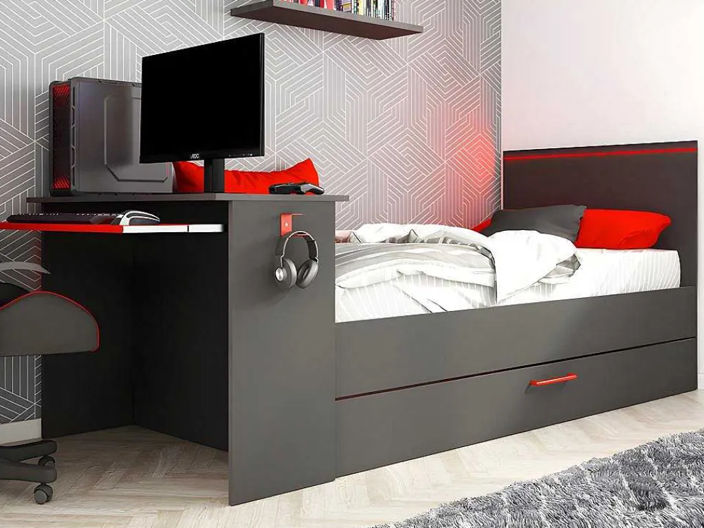 Uitschuifbed 90 X 200 En 90 X 190 Cm - Met Bureau - Ledverlichting - Antraciet En Rood + Matras + Bedbodem - Vouani-Vente-unique Sale
