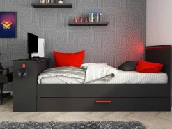 Uitschuifbed 2 X 90 X 200 Cm - Met Bureau - Ledverlichting - Antraciet En Rood - Vouani-Vente-unique Best
