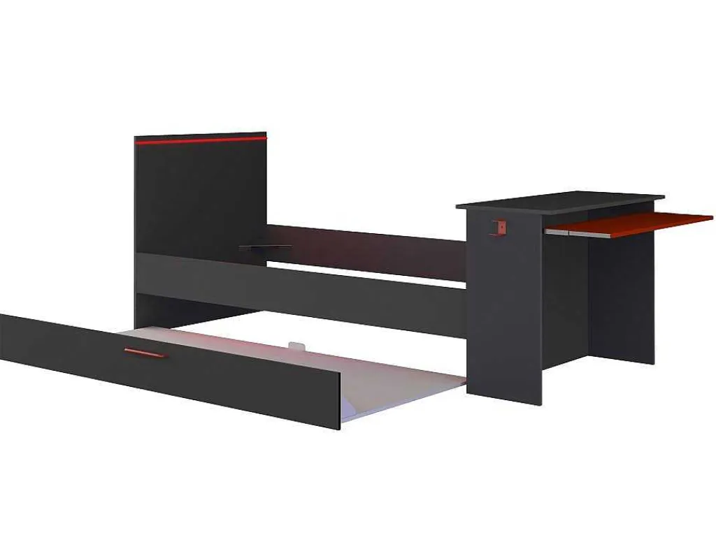 Uitschuifbed 2 X 90 X 200 Cm - Met Bureau - Ledverlichting - Antraciet En Rood - Vouani-Vente-unique Best