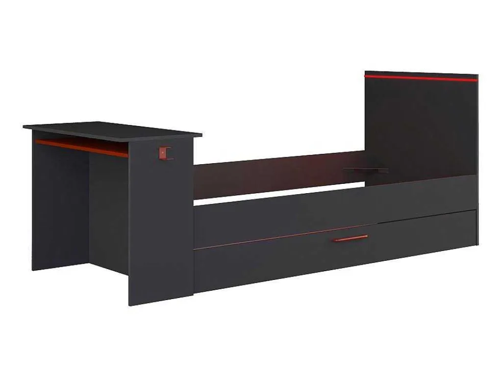 Uitschuifbed 2 X 90 X 200 Cm - Met Bureau - Ledverlichting - Antraciet En Rood - Vouani-Vente-unique Best
